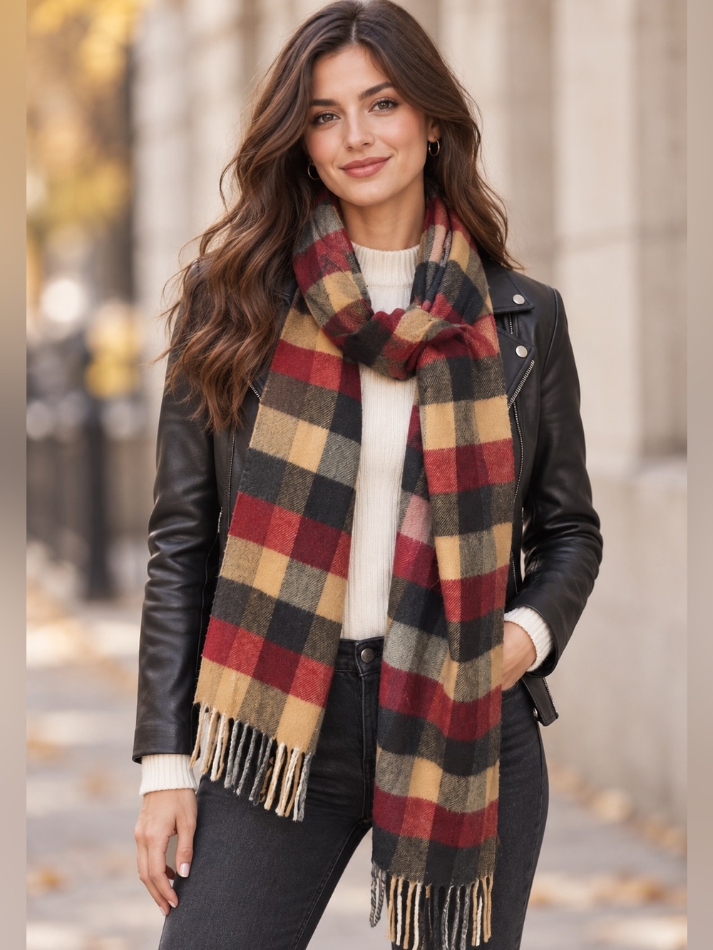 Joseph & Lyman Plaid Fringe Scarf Red Tan Black Made in Germany 67”
